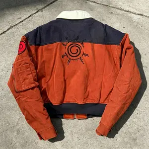 Naruto Anime Nine-Tails Seal Embroidery Cropped Workwear Jacket Unisex Color Block Orange Canvas Bomber Jacket Streetwear Coat For Anime Fans