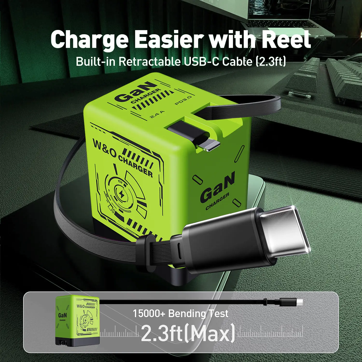 W&O Portable GaN Fast Charger,Compatible with 120W GaN Fast Charging  W/ Retractable 2 Cable (USB-C & Lightning) - Fast Charging for iPhone 15, Samsung, Gaming, Travel & Office - Universal Compact Travel Charger-Father's Day Gifts