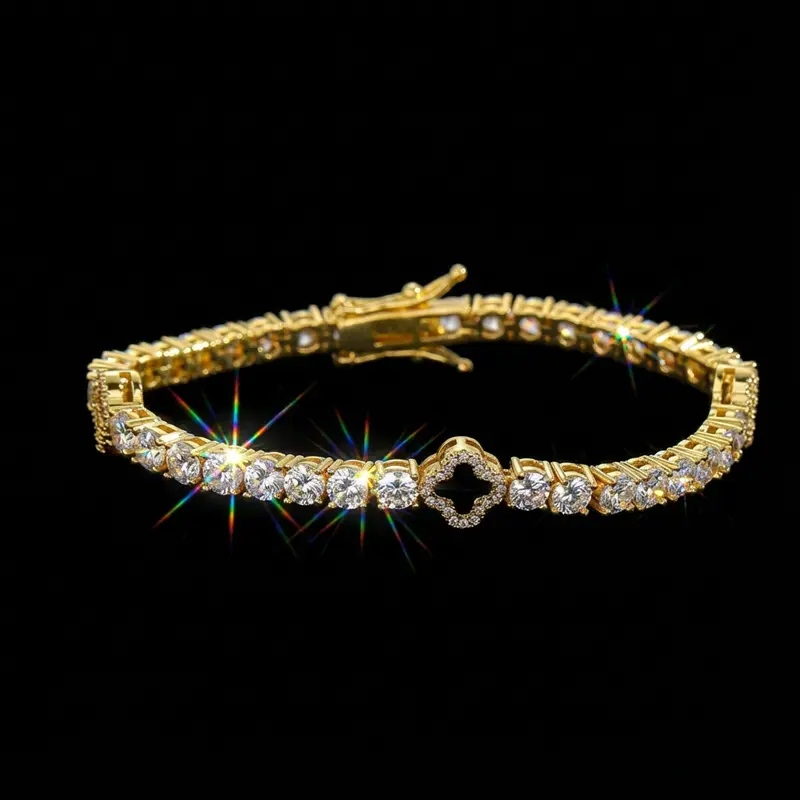 HELLOICE  Iced Out Four Leaf Black Clover Tennis Bracelet 5A CZ 18K Gold Plated Bracelet