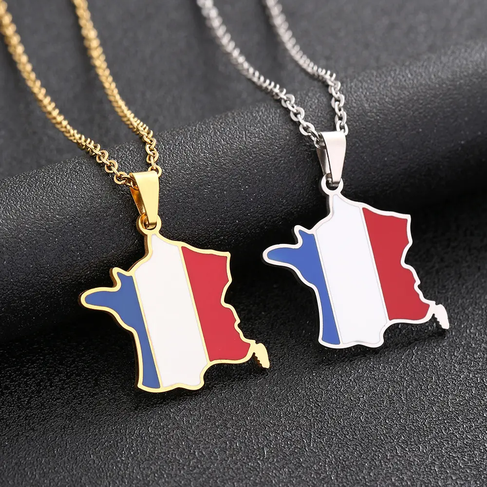 Unisex Pair Map Shape Golden-Plated Necklace, Nickel-Free No-Fading French Map Jewelry, Ideal Gift Idea for Couples, Travel Souvenir, Chain