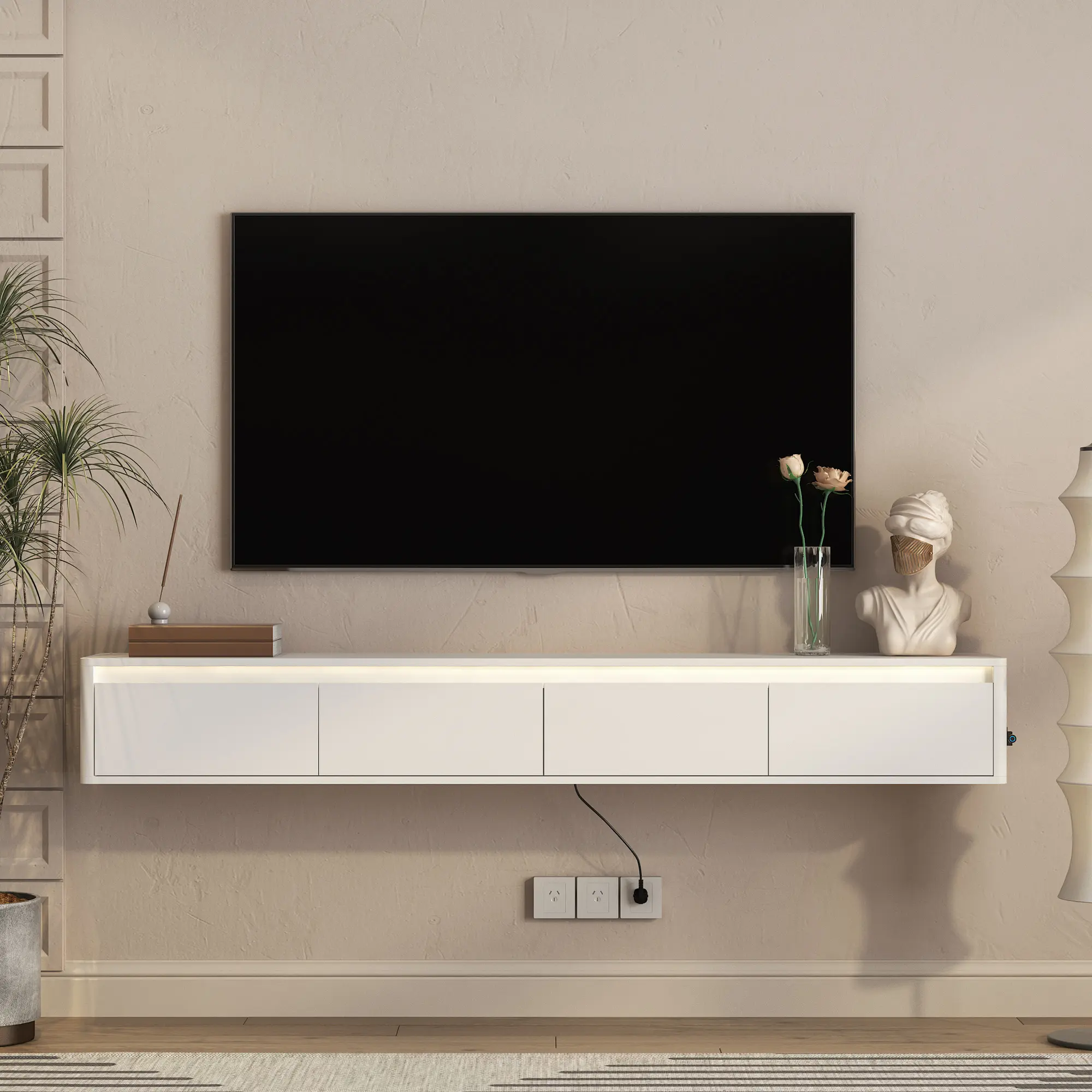 72" Large Floating TV Stand with Touch Control LED Lights & Power Outlet, Wall Mounted Shelf for Living Room, High Gloss White w/ USB & Storage