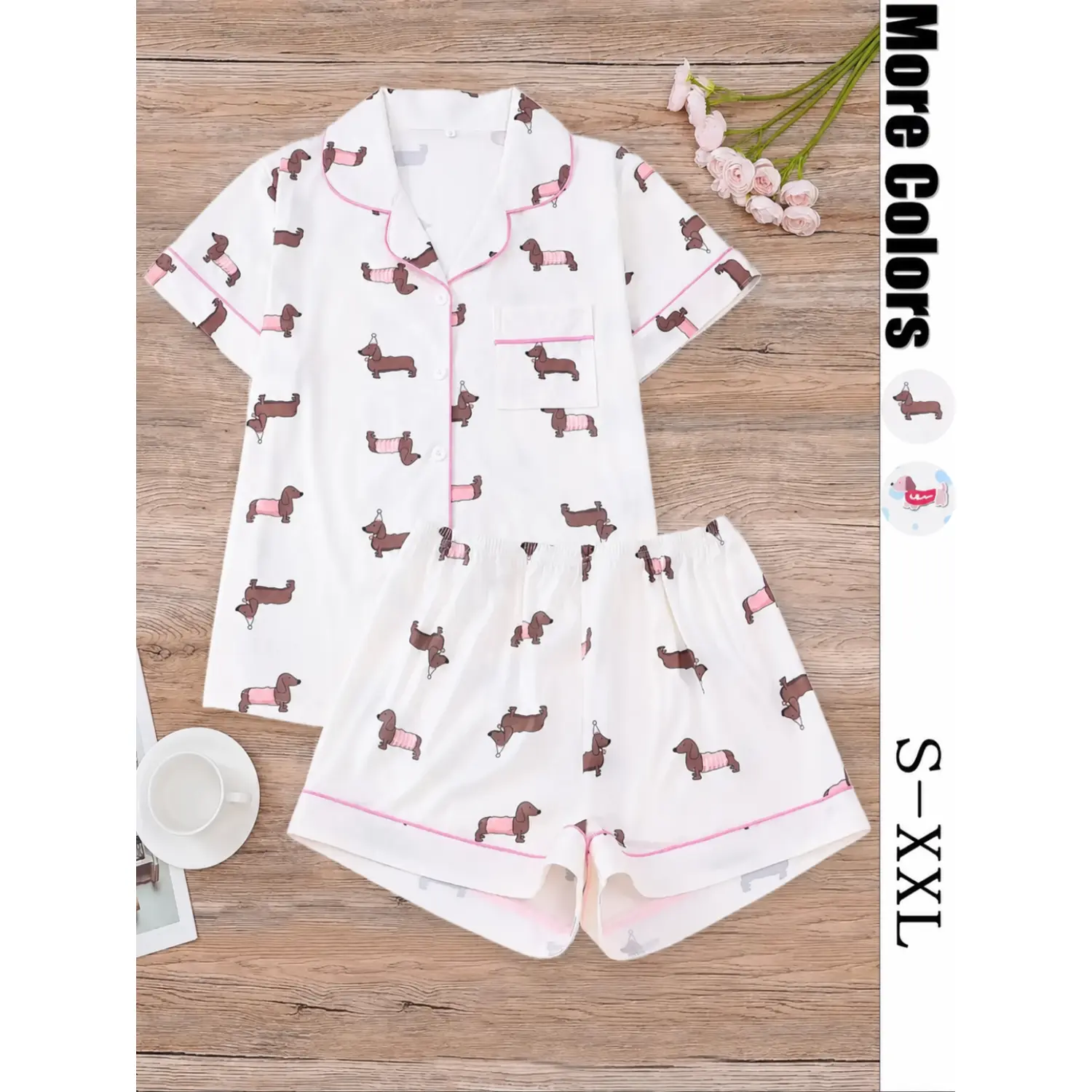 Women's Dachshund Print Pajama Set - Short Sleeve Collared Shirt & Elastic Waist Shorts, All-Season Sleepwear & Loungewear