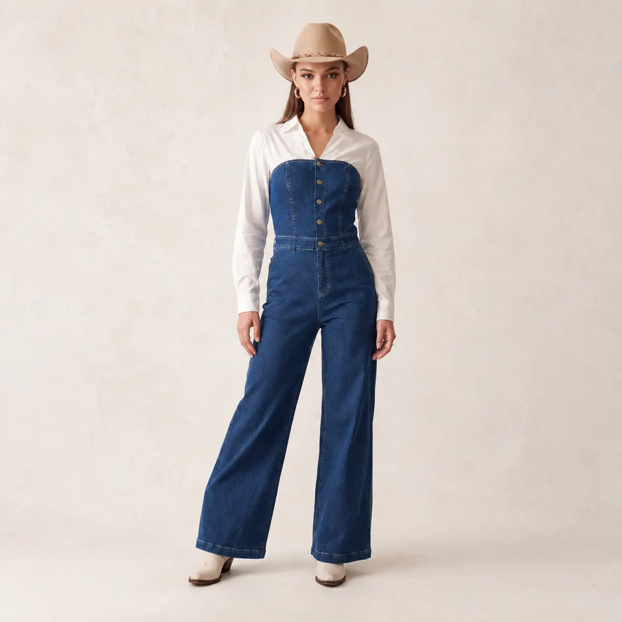 Denim Overalls with White Shirt and Cowboy Hat - Perfect for Western Style
