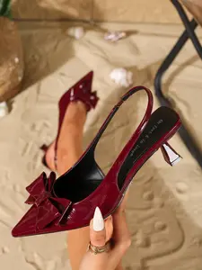 On feet& in love Women's Pointed Toe Kitten Heel Shoes, Patent Leather Bow Design, Perfect for Parties, Weddings, Daily Wear, All Seasons Footwear Summer