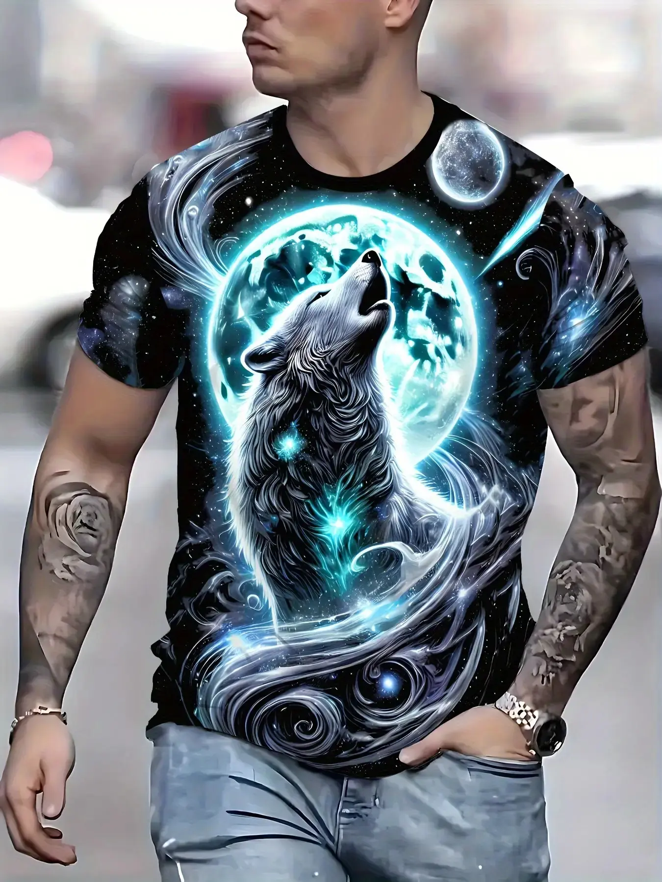 Men' 3D Printed Wolf Howling on Moon & Stars Classic T-Shirt - Breathable Summer & Cool Space-Themed Casual Streetwear Crew Neck Short Sleeve Shirt with Realistic Night Sky for Outdoor & Casual Attire