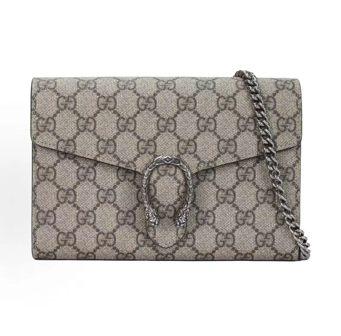 Pre-owned GUCCI Dionysus distressed tiger head buckle old flower logo beige lining GG high end man made WOC wallet cross body shoulder bag Women's ebony color