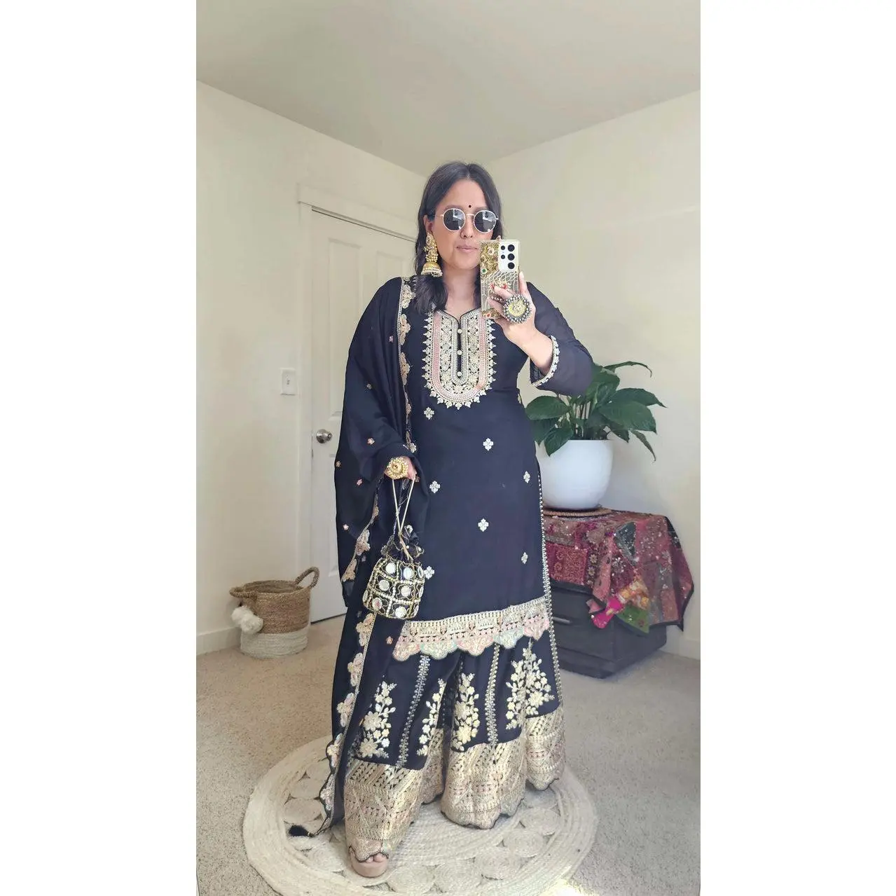 Women's Elegant Chinnon Sharara Suit Set with Heavy Zari and Sequin Embroidery - 3-Piece Festive Wear Kurta, Palazzo Pants & Soft Dupatta, Fabric, Pant, Tunic, 3-Piece Suit