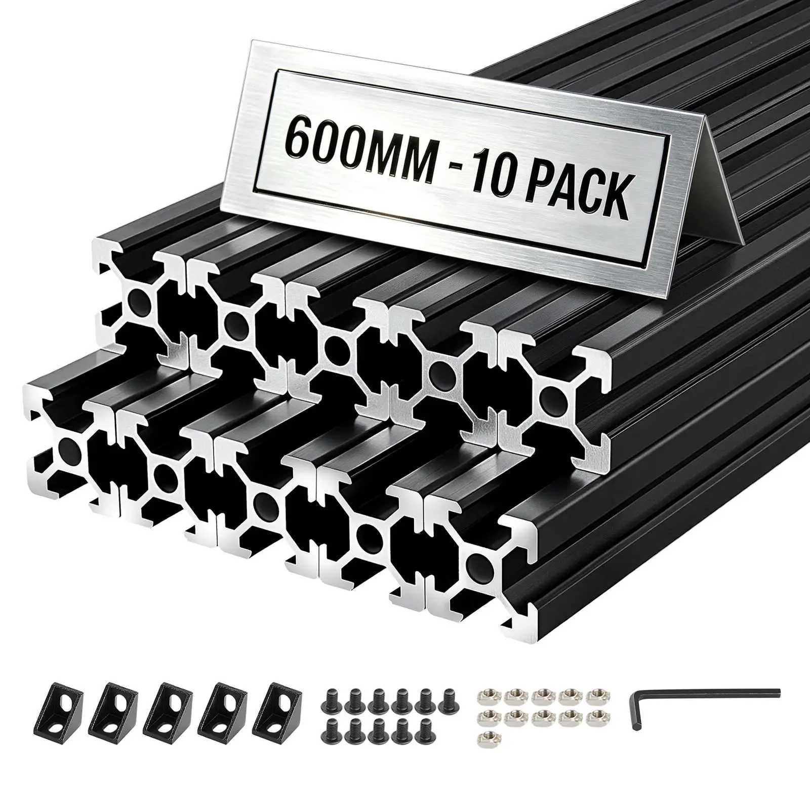 【Summerfinds】VEVOR 10PCS 2020 European Standard Anodized 6063-T5 Aluminum Alloy T-Slot Extrusion Profiles, 23.62in/600mm Linear Rails, High-Strength Hardware for Makers, CNC Machine, 3D Printers, Precision Cutting, Display Rack (Black, with Nuts)