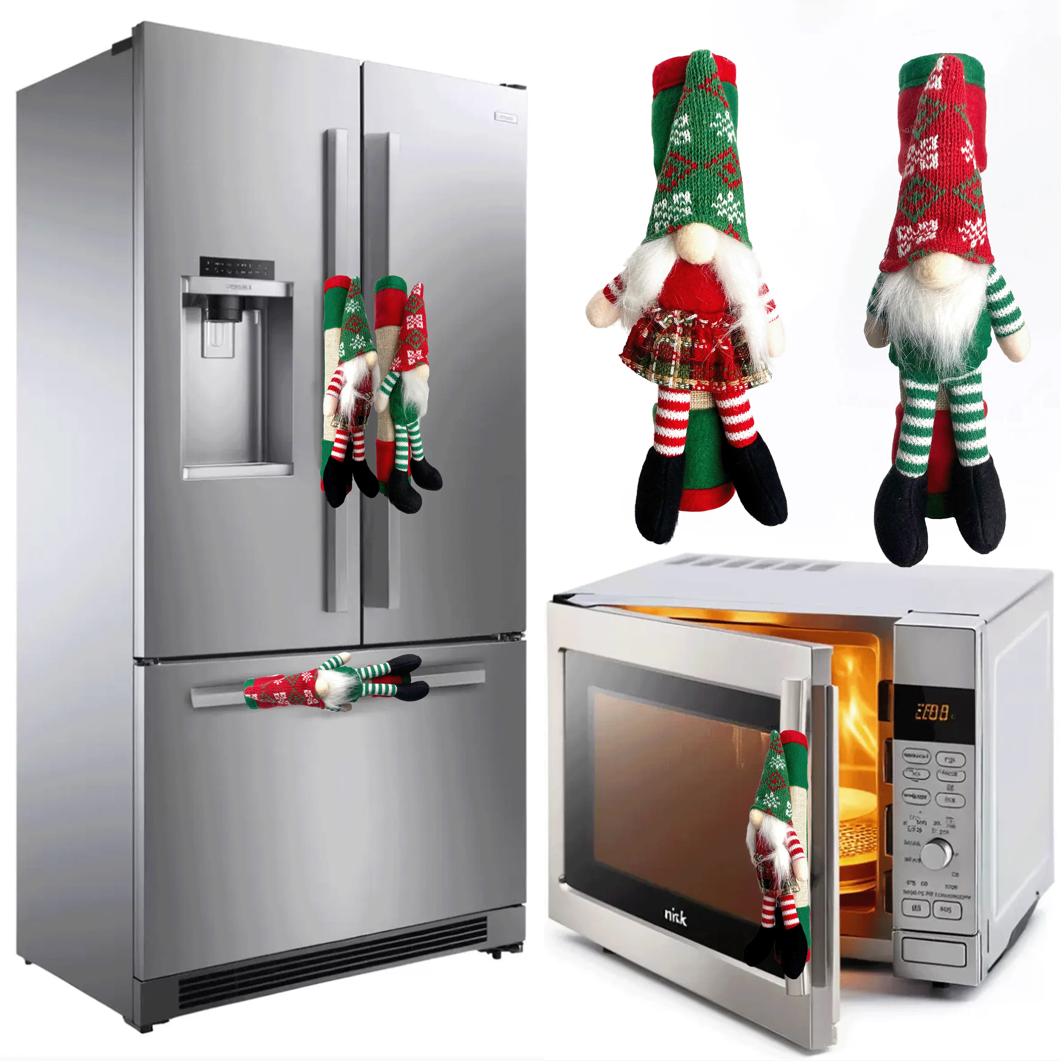 Festive Style Christmas Gnome Refrigerator Door Handle Covers - 1 Cover Fits Many Appliances, Playful Gnome Vibe, Christmas Decorations for Fridge & Microwave, Dishwasher, Holiday Party Favors Gift