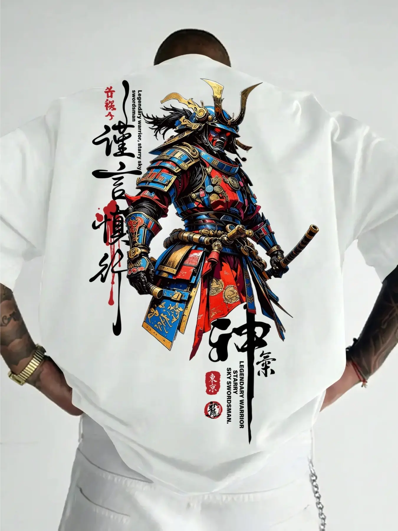 Men's Samurai Print Round Neck Short Sleeve Sporty Streetwear T-Shirt Casual Graphic Top, Comfortable Baggy Loose Casual Fit for Summer & Spring, Versatile Multi-Purpose Tee