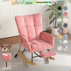 QAK Teddy Fabric Rocking Chair with Pocket, Soft Rocking Chair for Nursery, Comfy Wingback Golider Rocking Chair with Safe Solid Wood Base, Living Room