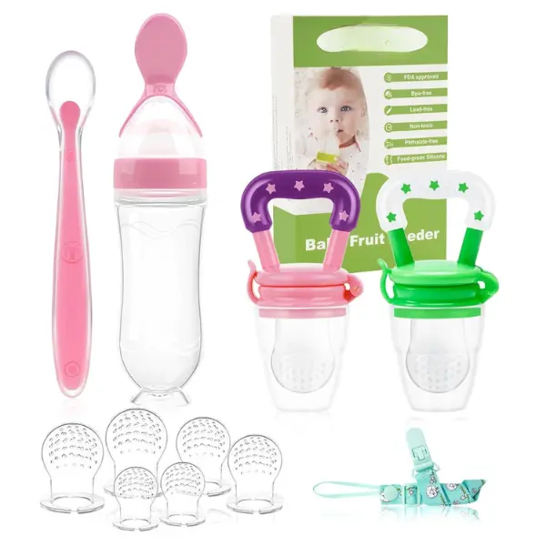 Halloween Fall Gift Baby Fruit Feeder Pacifier - 5 Pack | 2 Mesh Infant Food Feeder Pacifier & 1 Baby Food Dispensing Spoon | Fresh Fruit Teethers for Babies |Shower Gifts for Boys and Girls (Pink & Green)