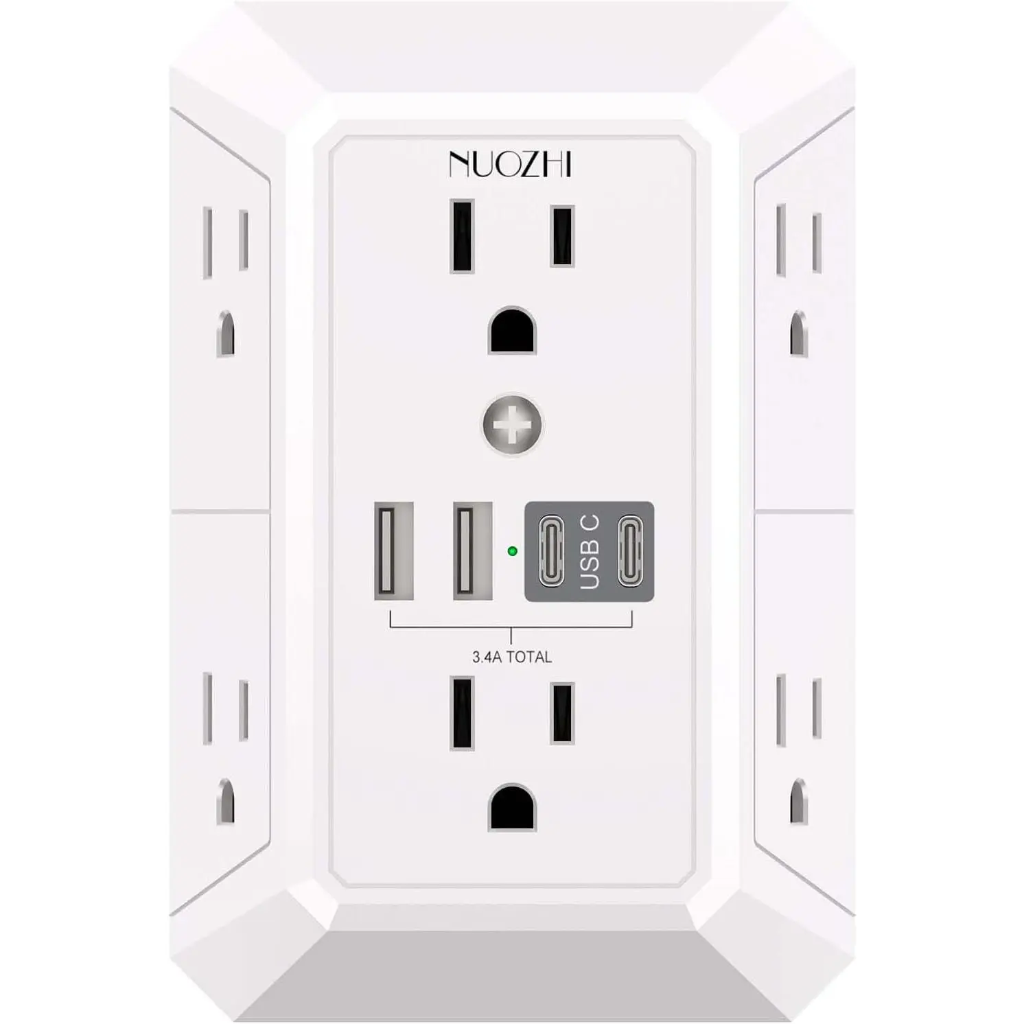 NUOZHI ETL Certified Compact Surge Safe Outlet Extender - 6-Outlet Splitter, 4 Ports (2 USB-C), 1680J Power Strip for Dorm, Office, Wall Socket Use, Compatible with Most USB Devices, White