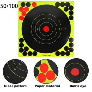 50/100 Pack 8x8 Inch Adhesive Sheets for Gun Range Practice, High-Contrast Tri-Color Target: Red Center, Black, Fluorescent Green(No splash effect)
