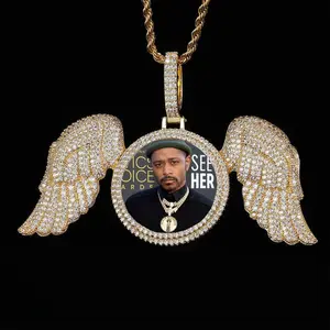 Custom Angel Wing Medallion Photo Pendant Necklace — Ice-Out Engravable, Personalized Memory Gift for Men (Please send a DIY photo to customer service)