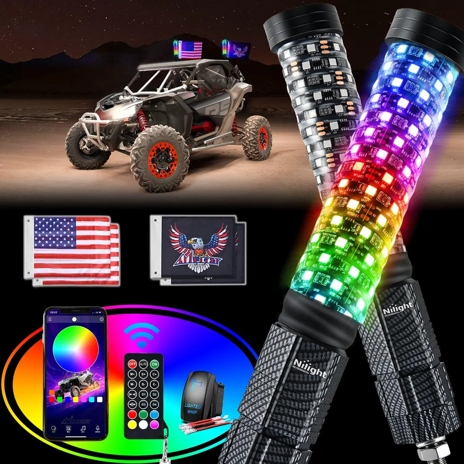 Nilight 2Pcs 1FT Spiral Antenna Bluetooth Remote App Control Led Fat Whip Light