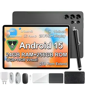 24GB(6+18) RAM Tablet 10.1 Inch Android 15, 2 in 1 Portable Device with Keyboard, Mouse, Case, Stylus,256GB ROM, Dual Camera, for Valentine’s Day  gift  set