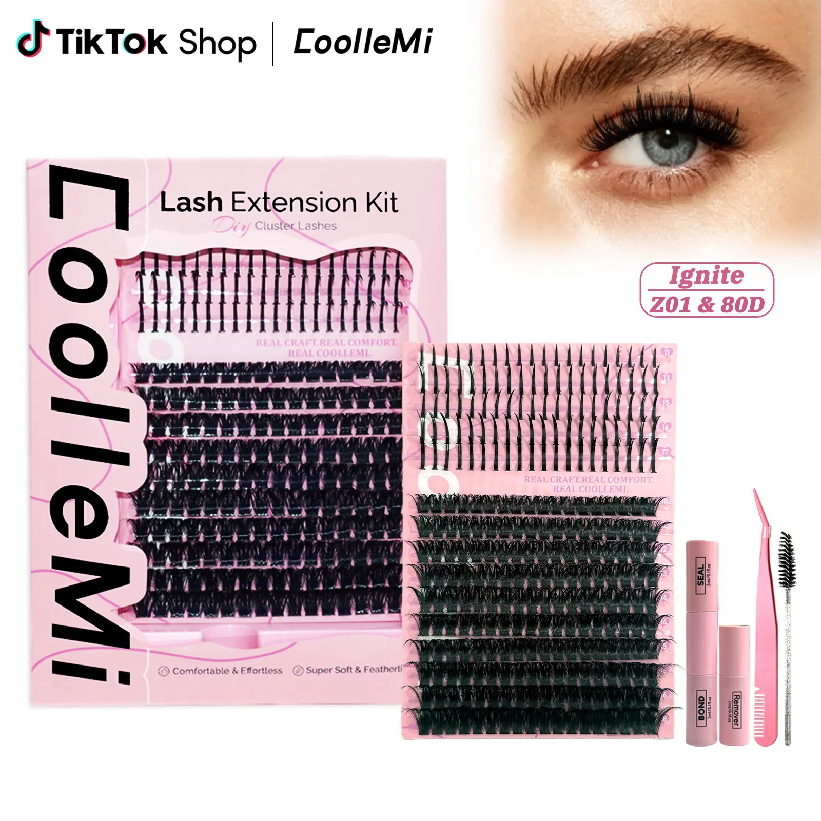 CoolleMi Ignite 260-320PCS DIY Lash Clusters Kit | D-Curl 10-16mm Wispy Cat Eye & Kim K Look Individual Eyelash Extensions | Long-Lasting Waterproof Bond and Seal Full Set #SummerVibes #GlobalPicks Brush
