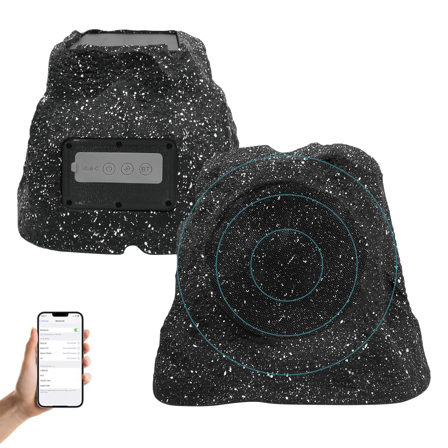 Herdio Rock 2025 New Bluetooth Speaker Receiver - Outdoor Waterproof Portable Solar-Charging Durable Resin Build (4/6.5/8 in), Rechargeable Battery, TWS Connection, USB Type-C/Cord Compatible, Smartphone Pairing (Gray, Single Pack)