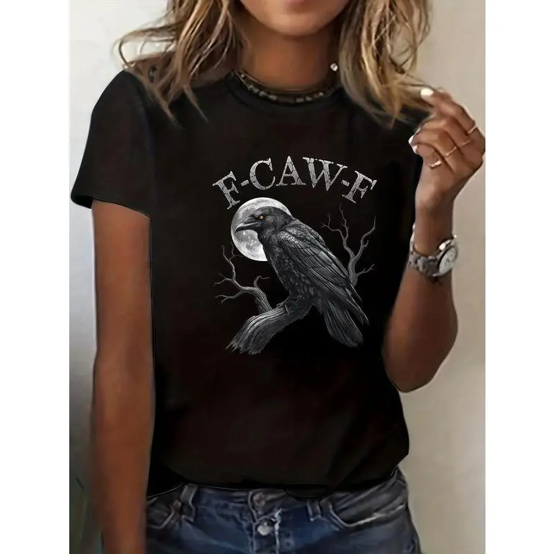 100% cotton Black Crow, F-Caw-F Funny Black Bird moon Gothic Adult Humor T-Shirt casual Fashion graphic tees for women