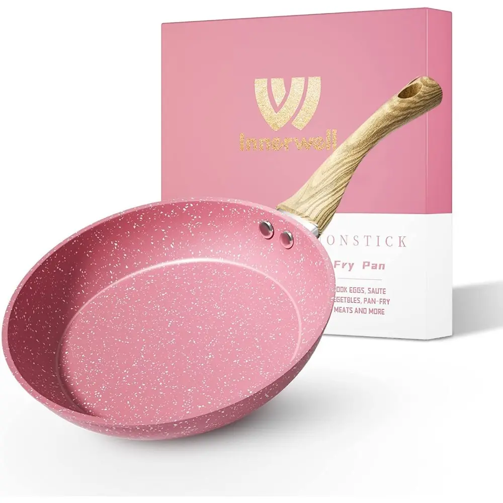 8-Inch Pink Nonstick Aluminum Egg Frying Pan, PFOA-Free Thick-Stone Cookware Skillet with Handle, Oil-Efficient, Induction Compatible