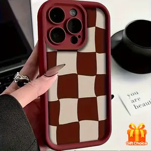 Stylish Abstract Distorted Burgundy Checkered 2D Printing TPU Smartphone Casing, Durable Soft Cover with Lens Protector, Compatible with iPhone 17 Pro Max 16 16e 15 14 Plus 13 12 Mini 11 X XS, Cellphone Accessory, Gift Option