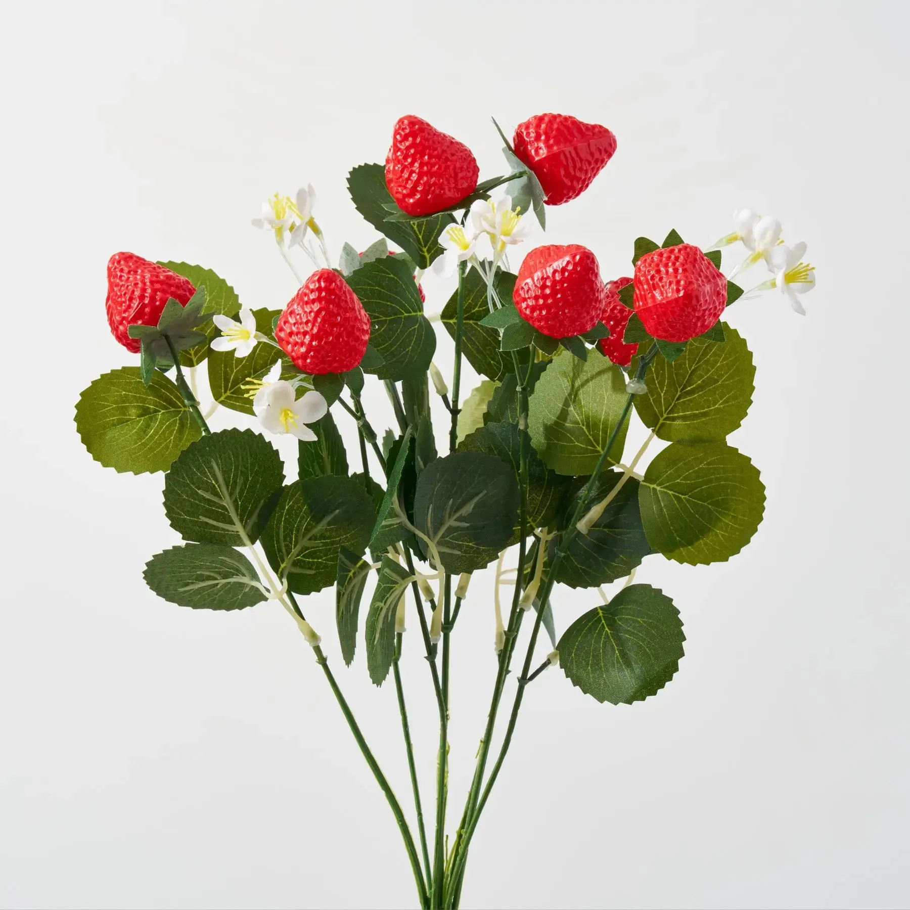 15" Wired-Stem Artificial Strawberry & Floral Bush Branch Spray - Decorative Fake Plastic Plants with Leaves, Indoor Use Floral Decor for Home Ornaments, Leaf, Wired Stems