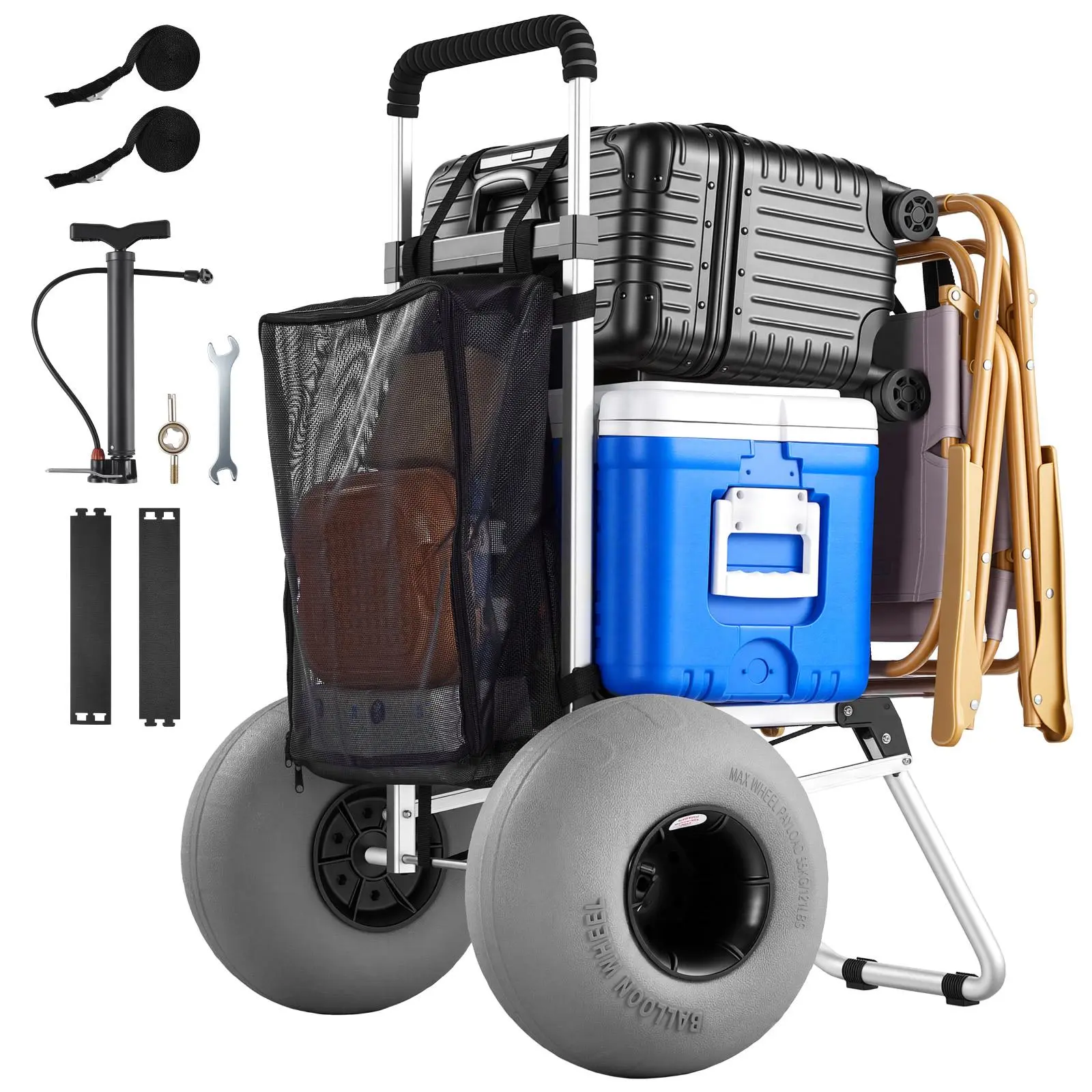 VEVOR Beach Dolly with Big Wheels for Sand, 20" x 15" Cargo Deck, Folding Sand Cart with 12" Balloon Wheels, 165 lbs Loading Capacity & 34" to 46" Adjustable Height, Heavy Duty Cart for Beach Camping#BackToSchool