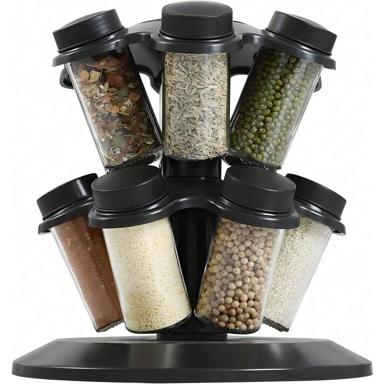 Black 360° Rotates Mushroom-Shaped Stackable Condiment Rack with 12 Labeled Removable Glass Canister Jars, Strainer Lids - Space-Efficient Kitchen Seasoning Organizer for Cabinet Countertop Storage, Rotates 360°