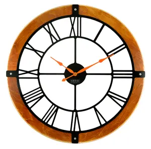 Orbit Clocks 24” Large Wooden Wall Clock | Contemporary Black Roman Numerals, Orange Hands and See Through Design