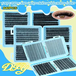 640 Root Eyelash Extension Kit, Volume Lash Clusters, D Curl Mixed Lengths 20D-80D, Natural to Dense Look, Easy Home Application, Recyclable, Eyelashes Extensions