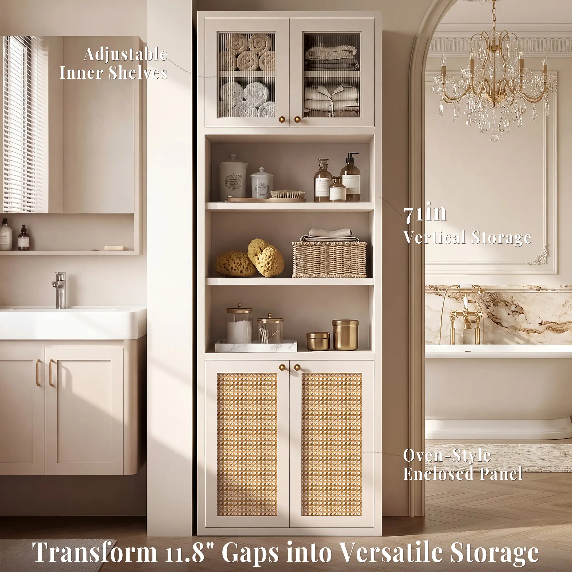OMCHOM 71" Tall Bathroom Storage Cabinet with Adjustable Shelves,with Fluted Glass & Rattan Doors, Narrow Tall Linen Tower with Open Shelves, Two-Way Doors Freestanding Cabinet with Anti-Tip, for Home, Kitchen, Living Room Curved Sideboard