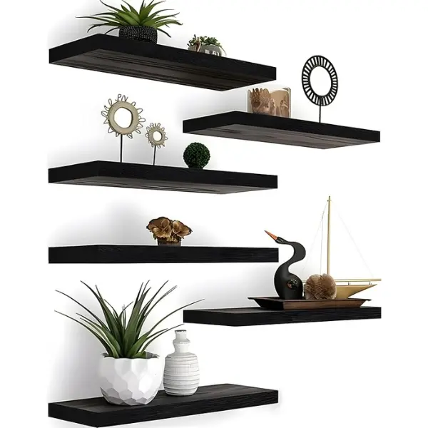 6-Piece Black Industrial Metal Wood Floating Shelves - Wall Mount Rustic Look Shelf Organizer for Bedroom, Living Room - Ideal Home Decor Gift, Floating Shelf