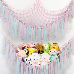 Large 59-Inch Stuffed Animal Hammock with LED Lights - Wall-Mounted Toy Storage Net, Handwoven -like Plush Organizer with Wooden Rings, Nursery Bedside Corner-Mounted Room Decor, Space-Saving for Teddy Bears & Plushies (