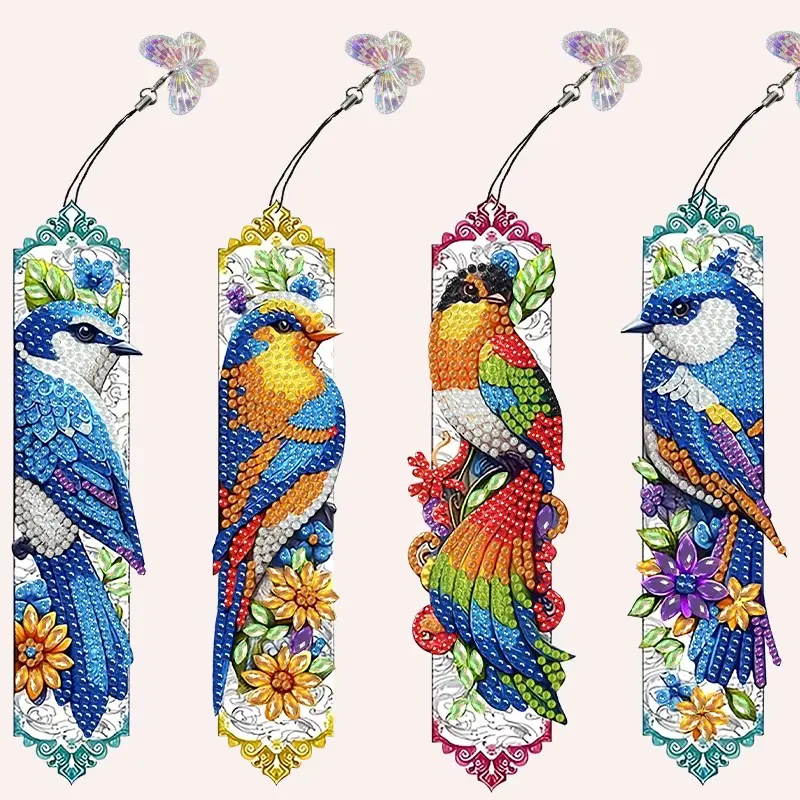 4-Piece Diamond Art Bookmark Set, Dragonfly, Peacock, Cat, Horse Designs, 5D Special Shape Bookmarks with Charms, DIY Diamond Painting Craft Supplies, Tray, Wax, Book Accessories