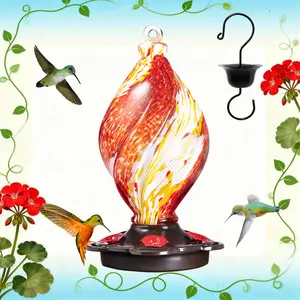 LUJIIIce Cream-Shaped Spiral Hand-Blown Glass Hummingbird Feeder for Outdoors – 28 fl.oz Leakproof & Rustproof with Ant Moat, Hanging Garden, Backyard & Outdoor Decor, Red, Unique Christmas & Holiday Gift for Bird Lovers