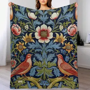 Chinoiserie Garden Animal Floral Bed Blankets Red Bird Blue Sunflower Soft Luxury Flannel Blanket Oriental Toile Chinoiserie Cozy And Soft Plush Warm Flannel Blankets For Bed 50x60in