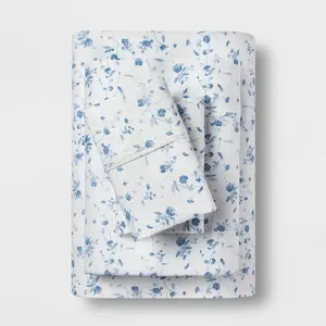 Full Printed Performance 400 Thread Count Sheet Set White/Blue Floral - Threshold: Cotton Sateen, Deep Pockets, OEKO-TEX Certified