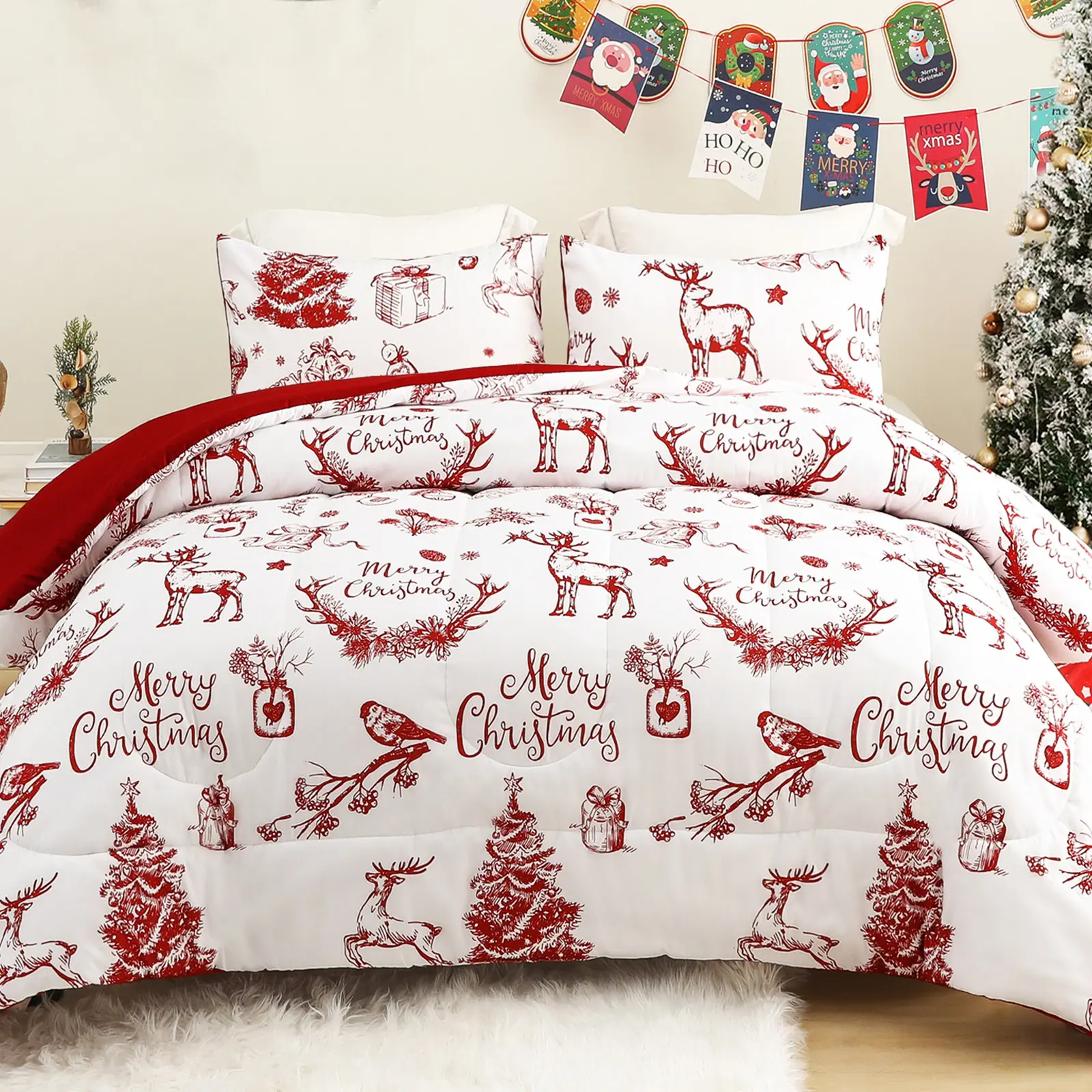 Exclusivo Mezcla Reversible Christmas Comforter Set - Rust Red Printed, Patchwork, Striped Pattern - 3-Piece for King/Queen, 2-Piece for Twin - All-Season Comfy Decorative Bed Cover & Reversible Quilt Bedding Set, Bed Cover Set, Comfy Bedding Set