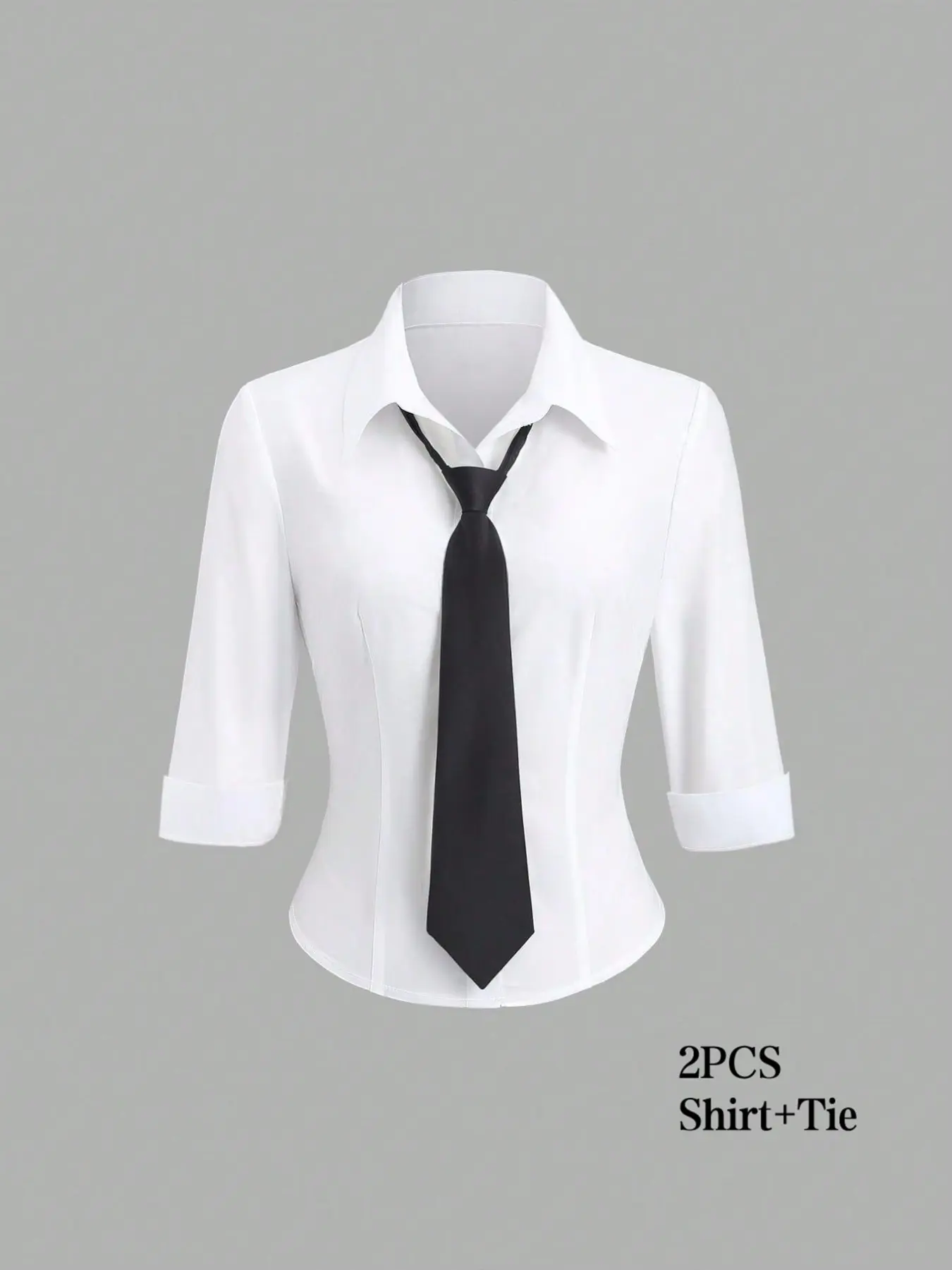 Women's Simple Casual Shirt Blouse, Seven-Quarter Sleeve, Waist-Fitted Design, Fashionable Tie Included, Campus Wear or Office Commute