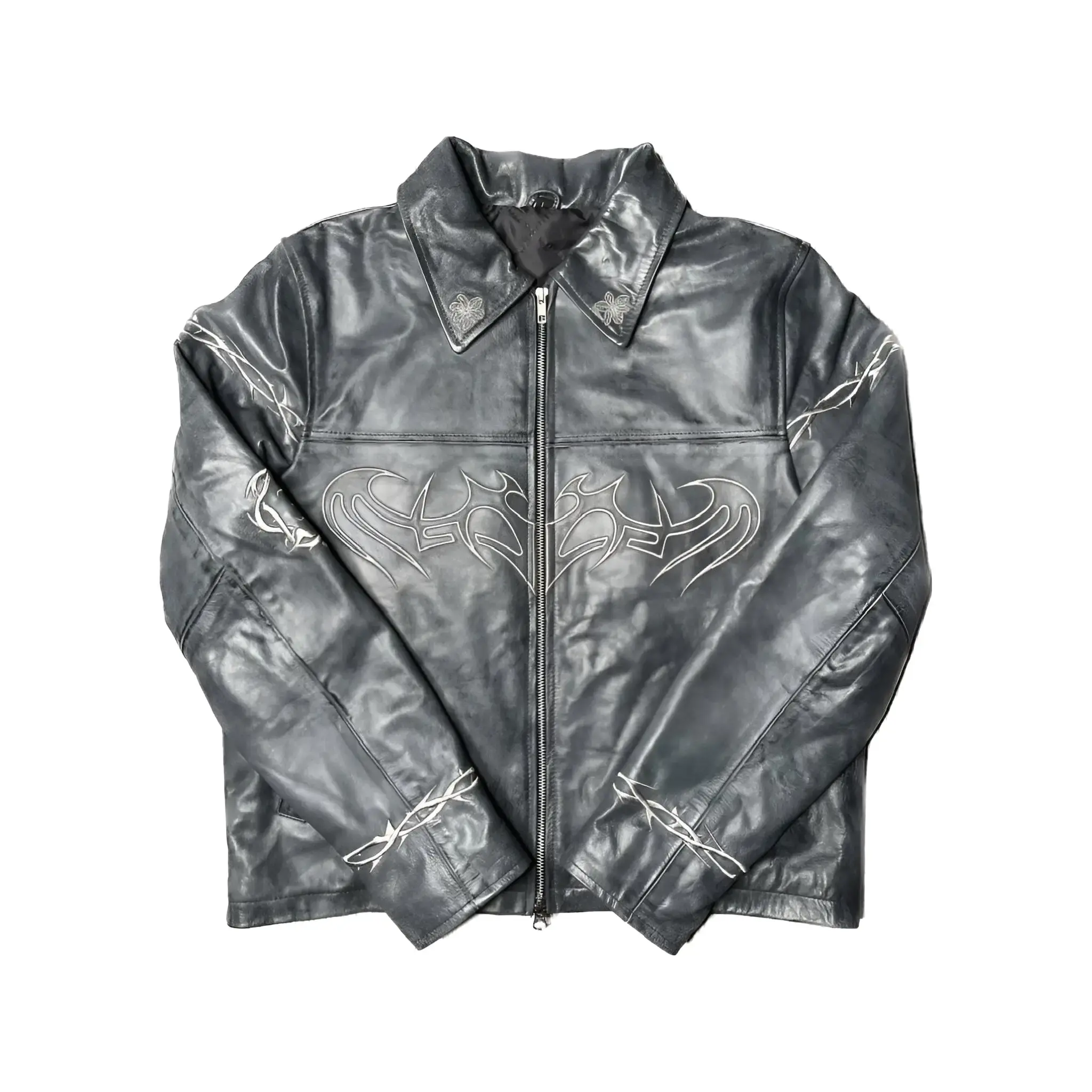 Elisium Opus 1 Premium Leather Jacket Platinum Grey with Silver Embroidery, Genuine Lambskin Leather, Opulent Silver Zipper, Handcrafted Style