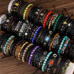30Pcs PU Leather & Wooden Elastic Bracelets - Retro Style Stretch with Wood Beads, Suitable for Women & Men, Daily Wear, Parties, Gifts, Year-Round Wear, Ideal for Everyday or Special Occasions (No Coating)