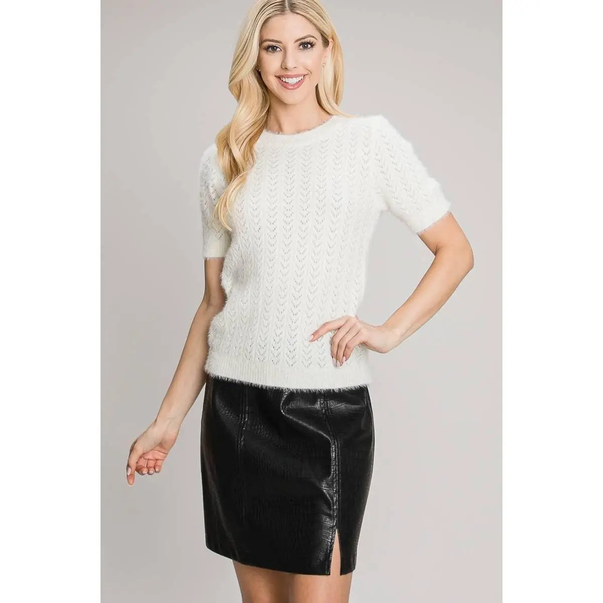 Short Sleeve Pointelle Eyelash Sweater
