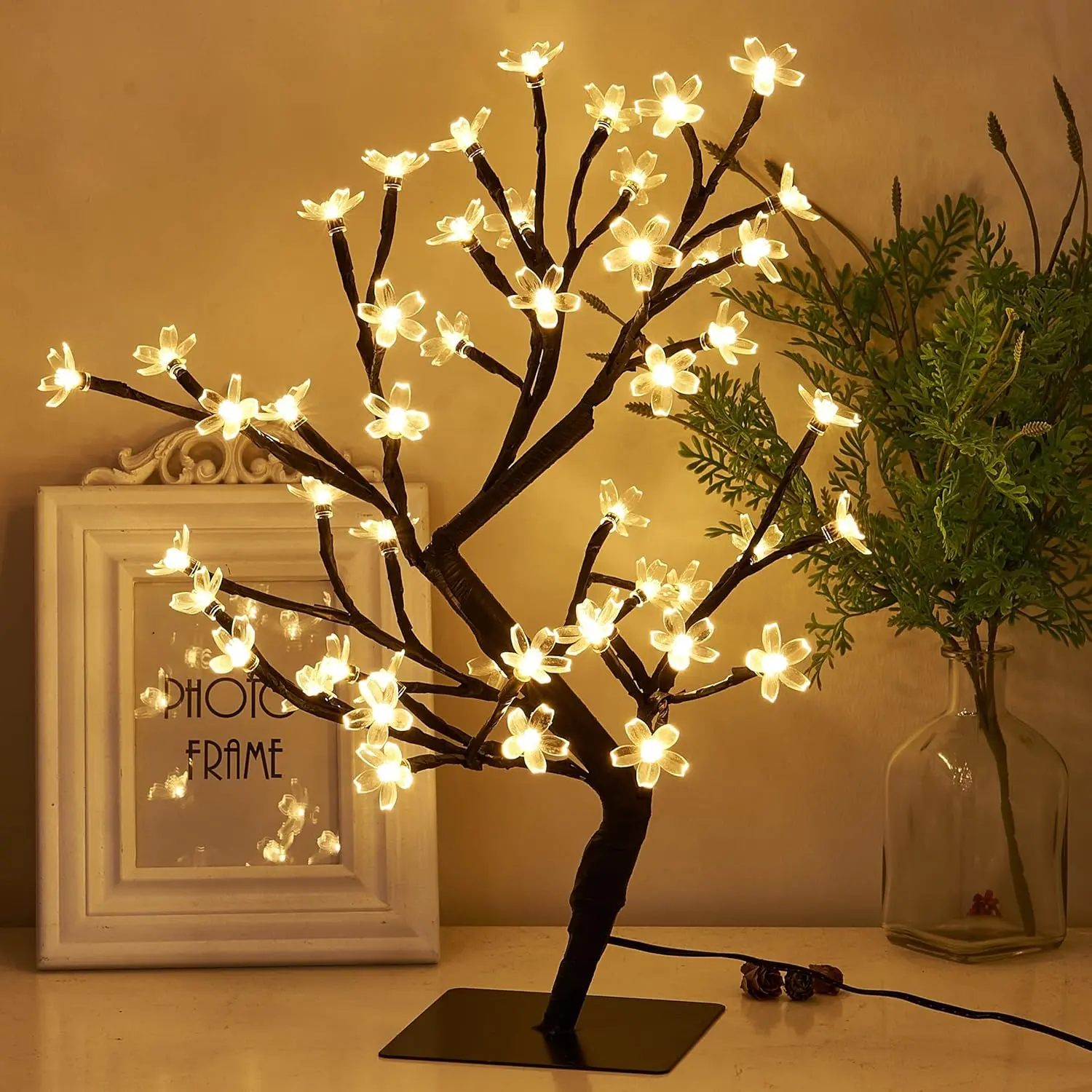 17.5 Inch Lighted Cherry Blossom Tree, 48 Warm White Lights Plug in Adapter, Light up Bonsai Tree for Christmas Indoor  Bedroom Living Room, Tabletop Decor Night Light Artificial Tree
