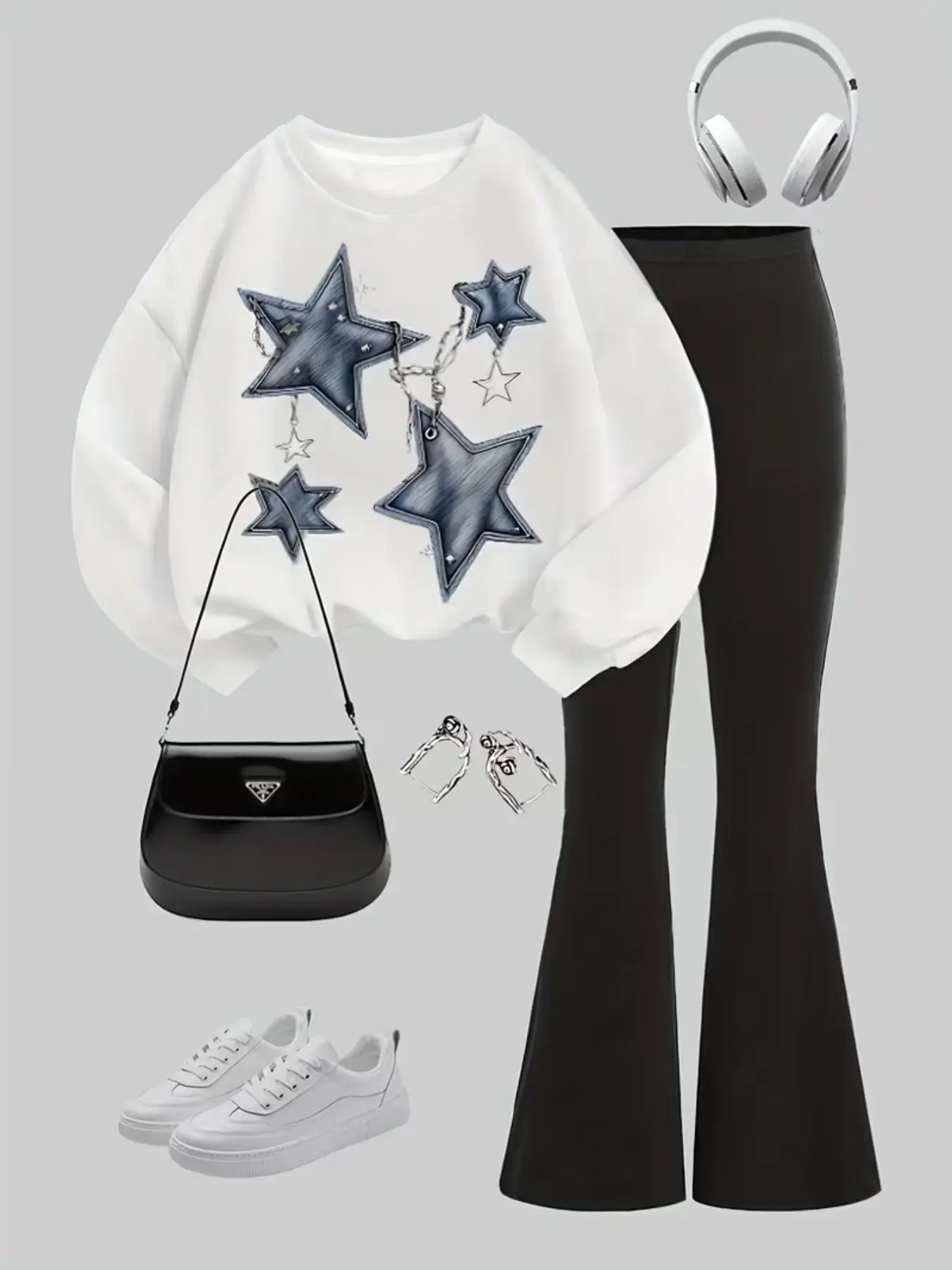Stylish Girls Long Sleeve Graphic Star Chain Print Fitted Tee with Casual Wide Leg Pants, Trendy Two Piece Set Outfit for Spring & Fall, Perfect for Everyday and Parties Clothes Fashion Clothing Set