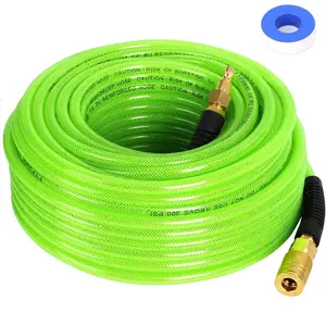 Air Compressor Hose 1/4 Inch x 100 Feet Reinforced Polyurethane (PU) Air Hose with Fittings, Bend Restrictors, 1/4" Industrial Quick Coupler and Plug Kit, Green