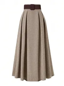 Women's Gingham Print Skirt with Belt, Casual Fashion Fit Long Skirt, All Season Wear, Daily Clothing Essential, Fitted, Lightweight Skirts, Street Fashion Skirt