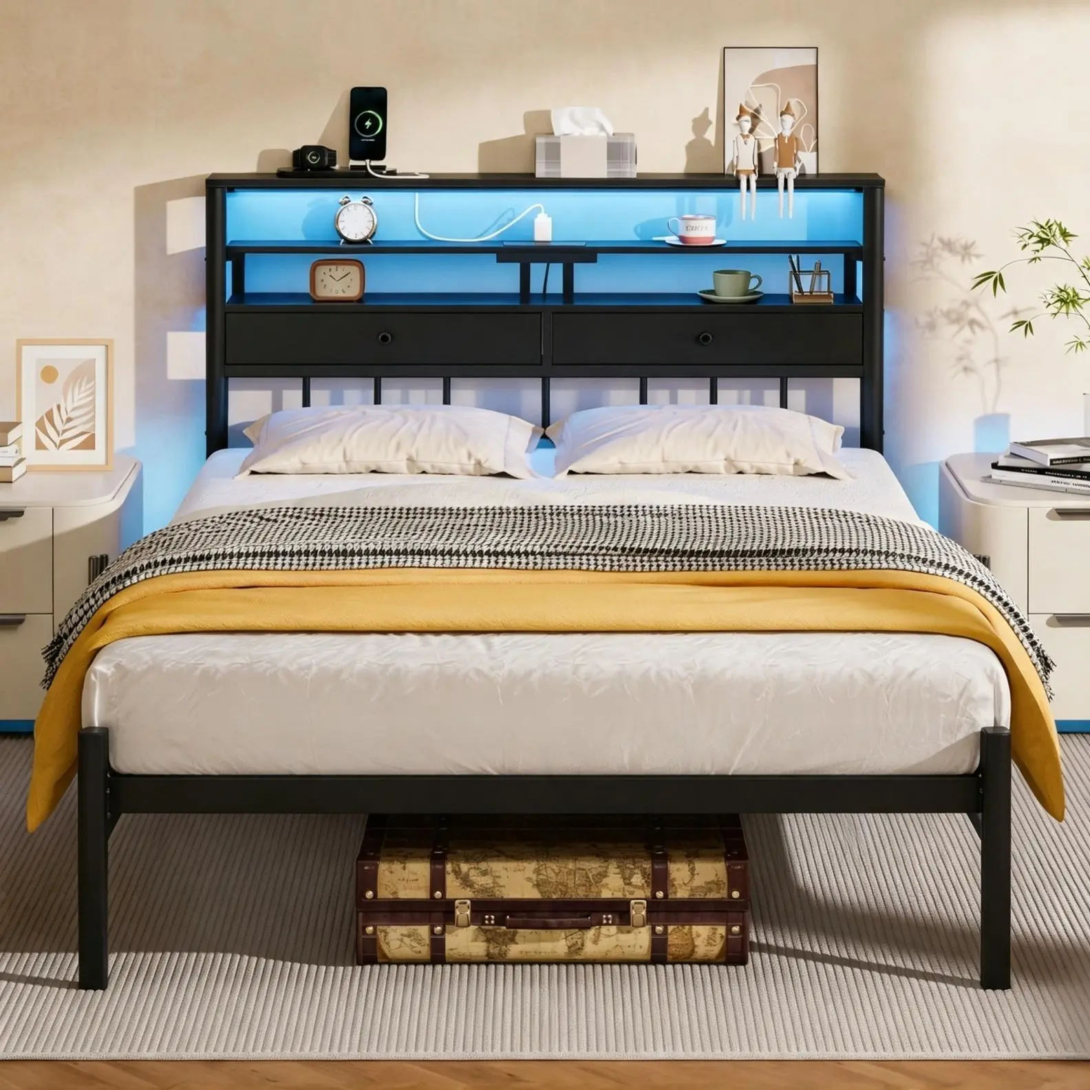 Full Size Bed Frame, Storage Headboard, LED & Charger, Black Oak Metal Platform Bed with Heavy Duty Slats Support, 2-Tier Wood Shelf,USB & Type-C Ports,Noise-Free,No Box Spring,Easy Assembly Full Bed Frame with Charging Station and LED Lights