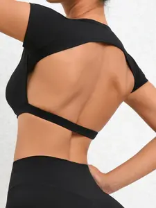 Women's Solid Backless Crop Sports Tee, Breathable Comfortable Sports T-shirt, Ladies Sportswear for Indoor Outdoor Wear, Breathable Sports Top, Stretch Athletic Tee, Athletic Apparel
