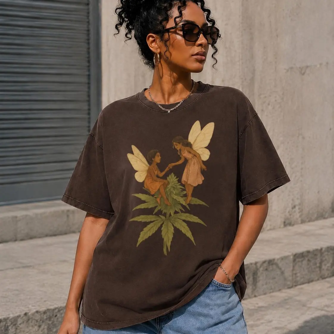 Women's Whimsical Fairy Graphic Short-Sleeve Comfortable Tee - Casual Romance Cottagecore Aesthetic Top, Soft Vintage Womenswear for Nature Lovers, Farmers Market Ready